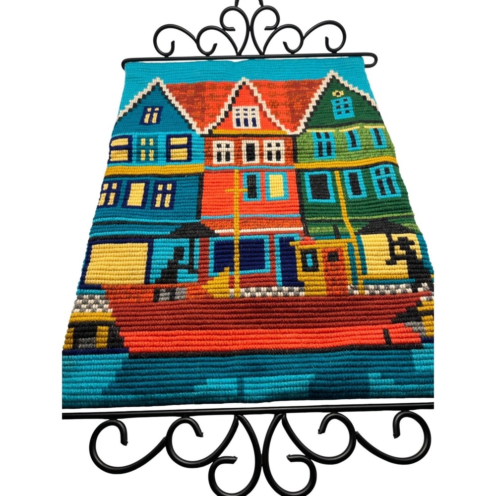 Vintage Needlepoint Wall Hanging European Harbor Houses Boat Metal Scroll Frame